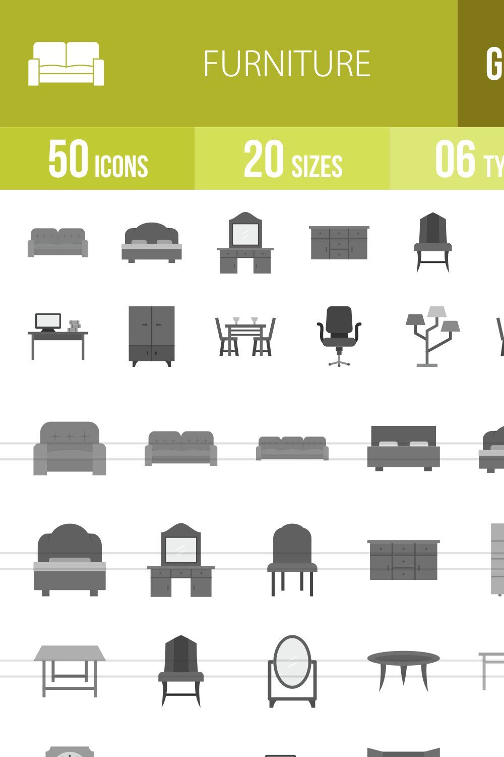 50 Furniture Grey Scale Icons pinterest preview image.