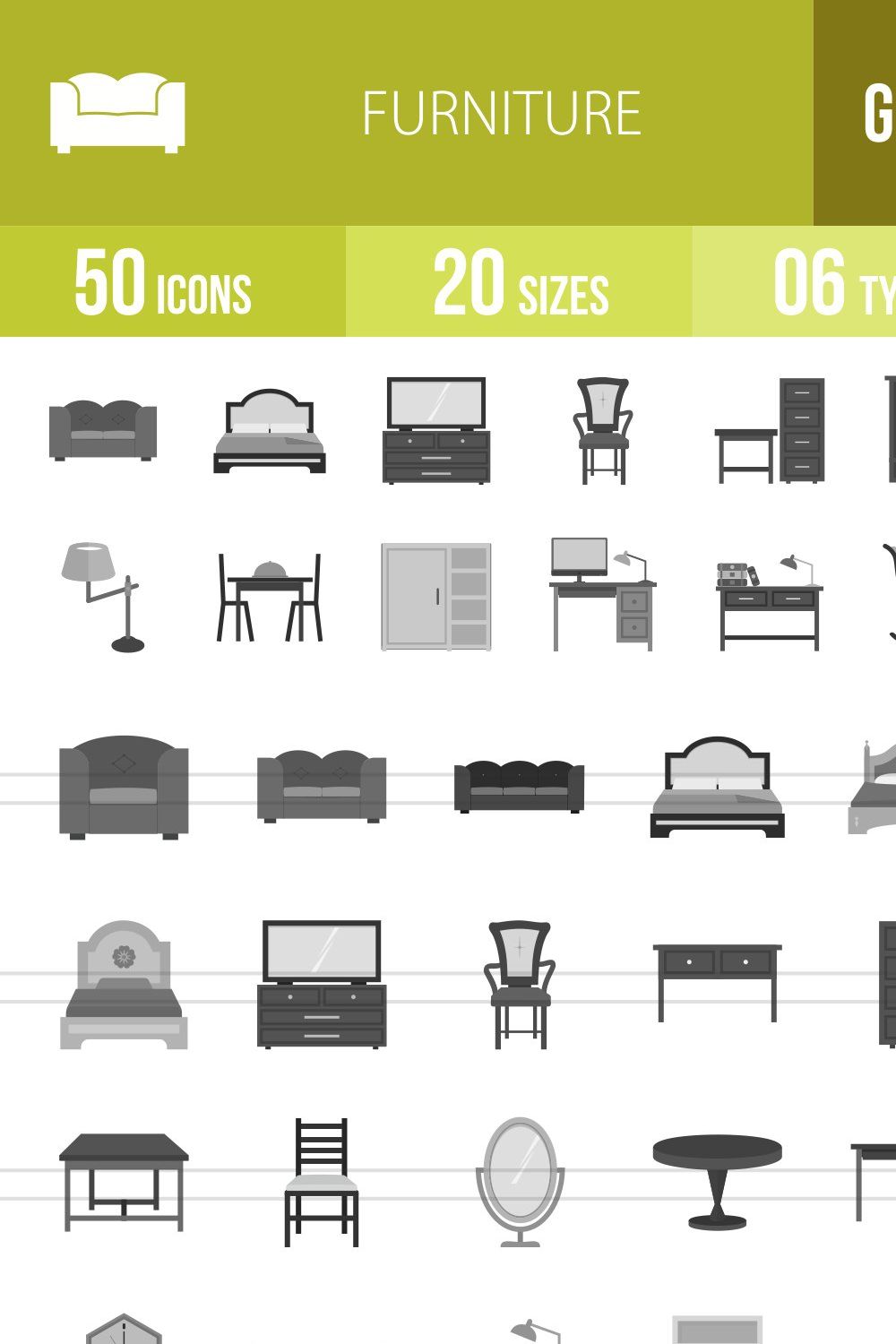 50 Furniture Greyscale Icons pinterest preview image.