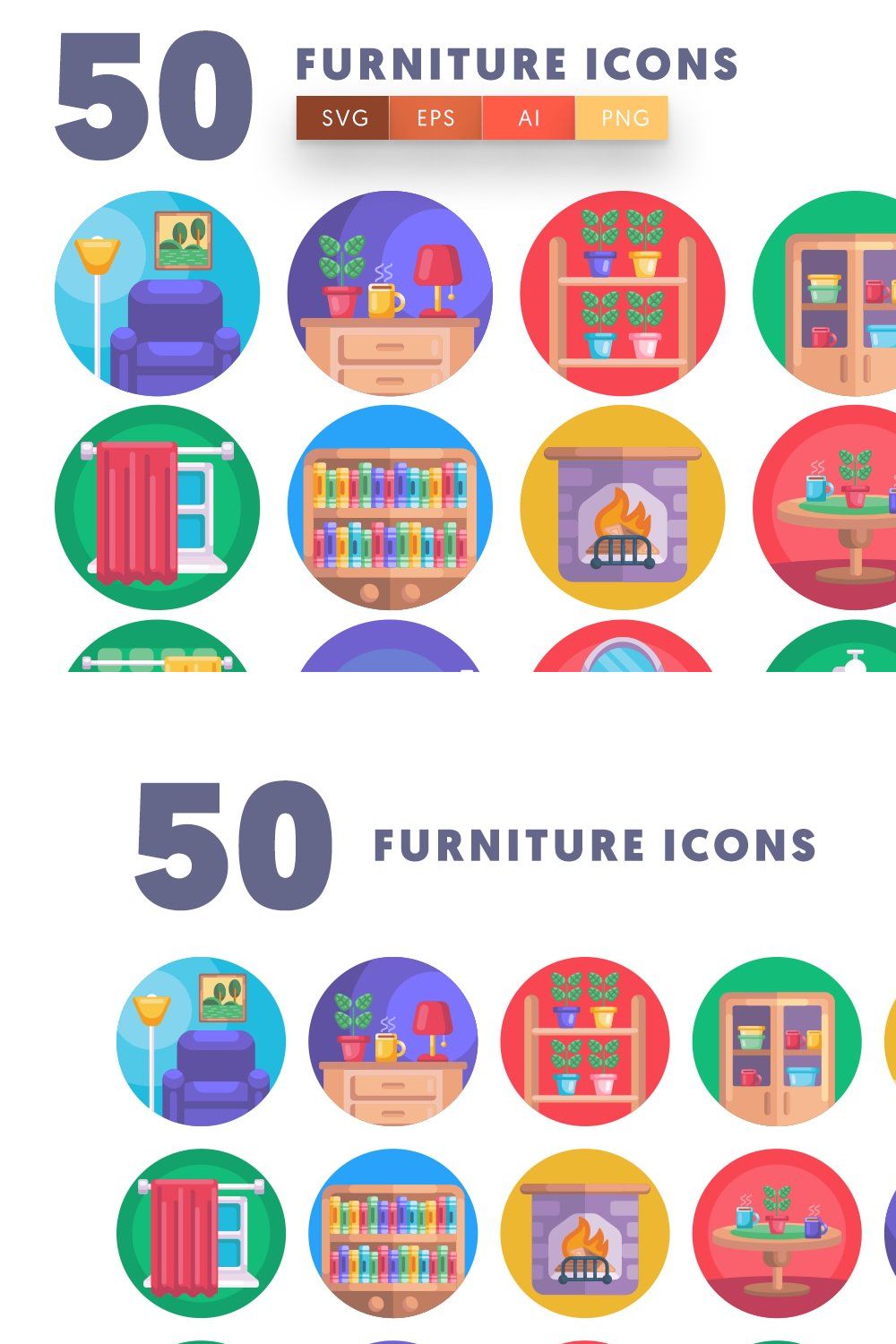 50 Furniture Icons pinterest preview image.