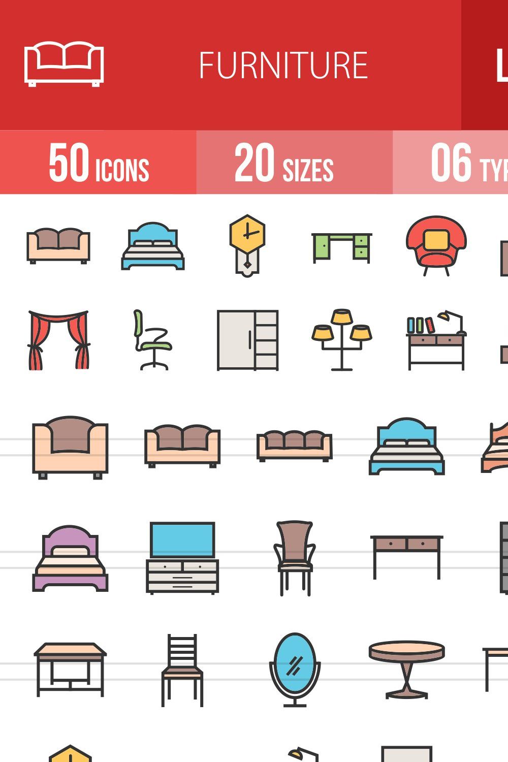 50 Furniture Line Filled Icons pinterest preview image.
