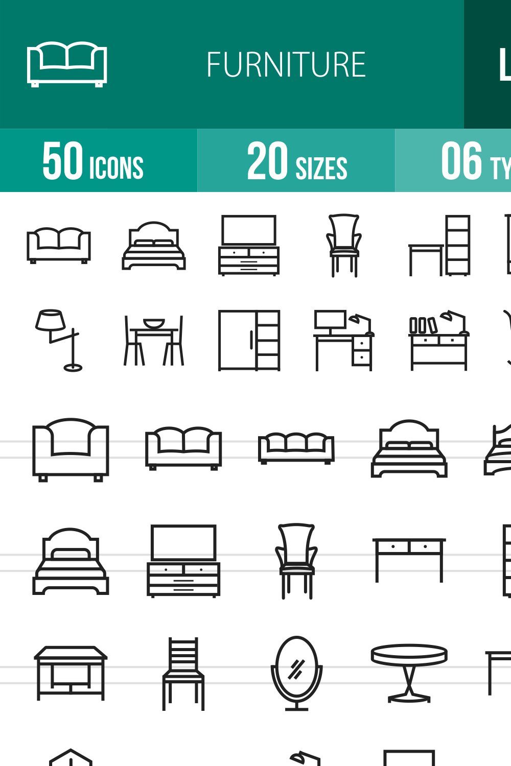 50 Furniture Line Icons pinterest preview image.