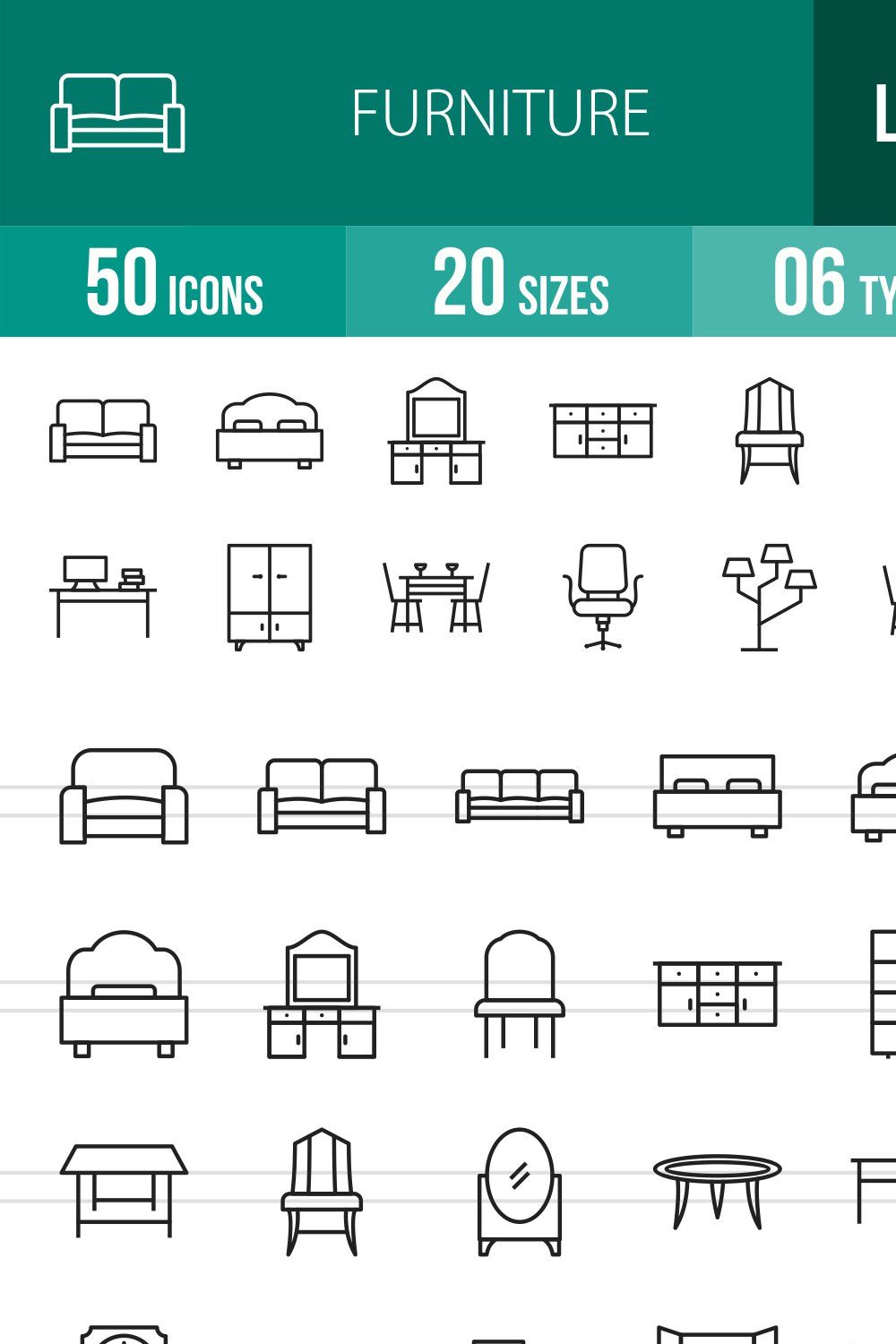 50 Furniture Line Icons pinterest preview image.