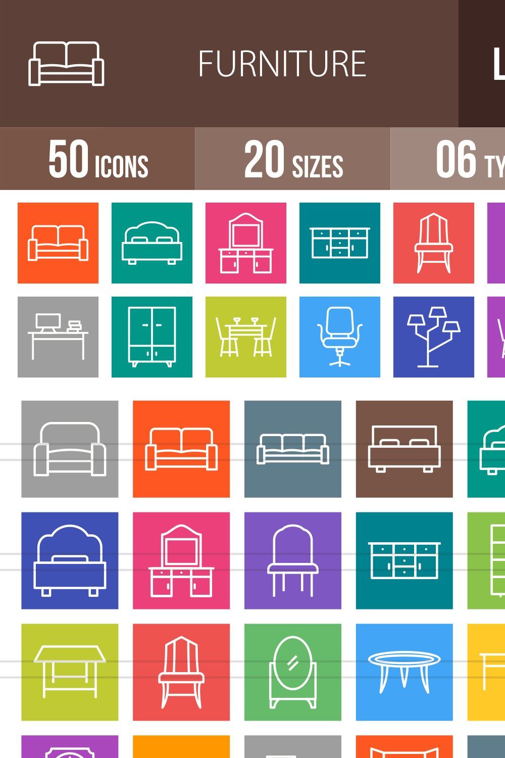 50 Furniture Line Multicolor Icons pinterest preview image.