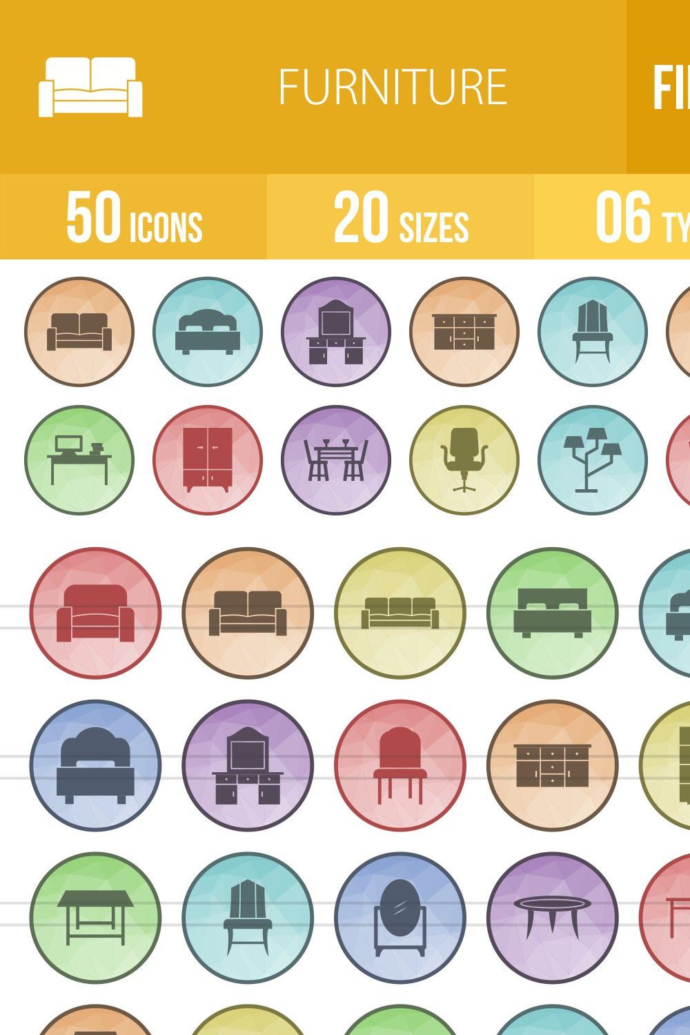 50 Furniture Low Poly Icons pinterest preview image.