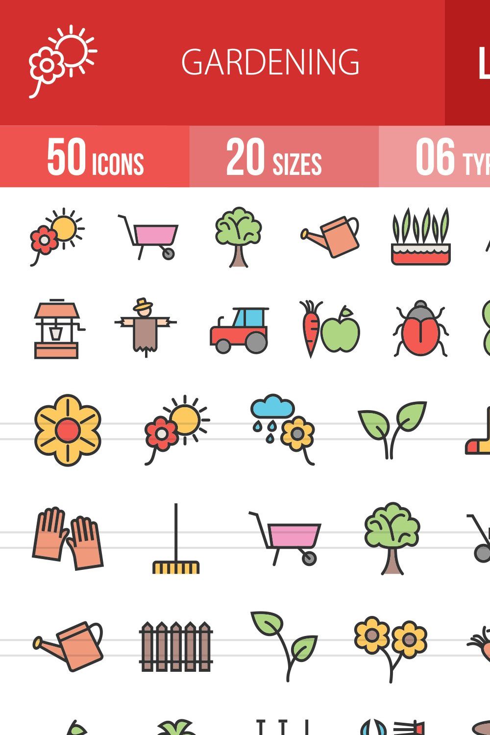50 Gardening Line Filled Icons pinterest preview image.