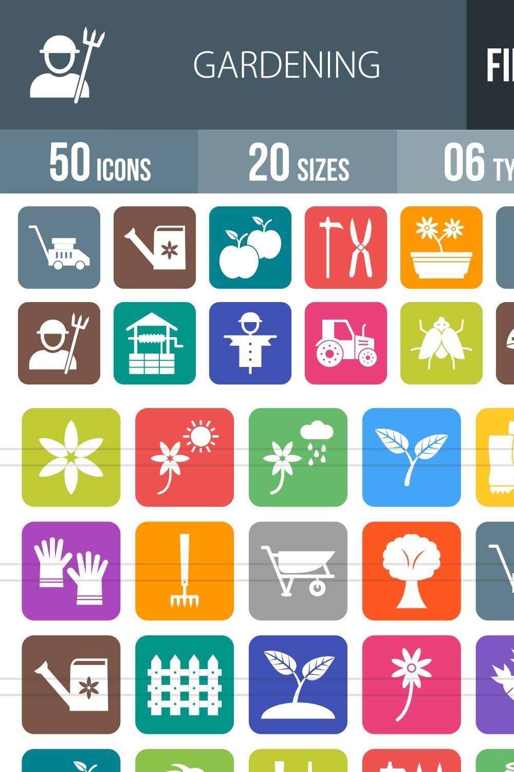 50 Gardening Line Filled Round Icons pinterest preview image.