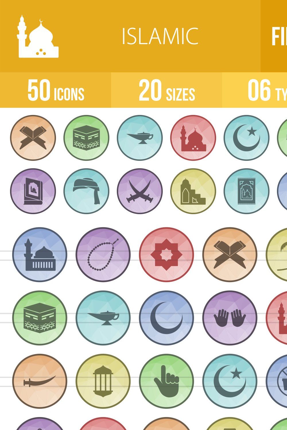 50 Islamic Filed Low Poly Icons pinterest preview image.