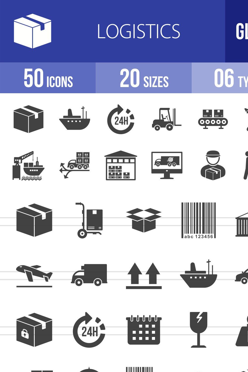 50 Logistics Glyph Icons pinterest preview image.
