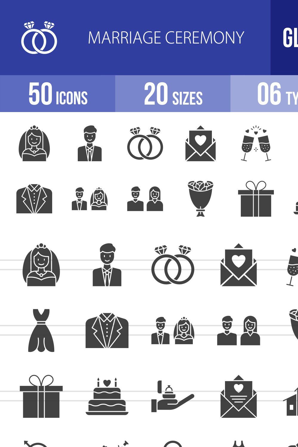 50 Marriage Ceremony Glyph Icons pinterest preview image.