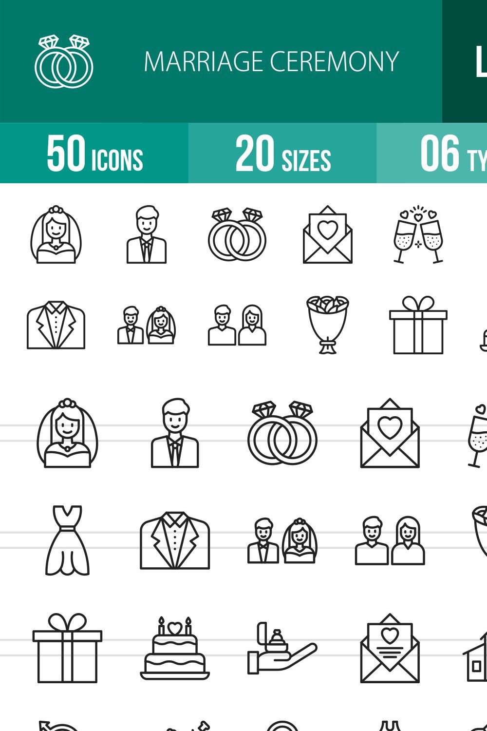 50 Marriage Ceremony Line Icons pinterest preview image.
