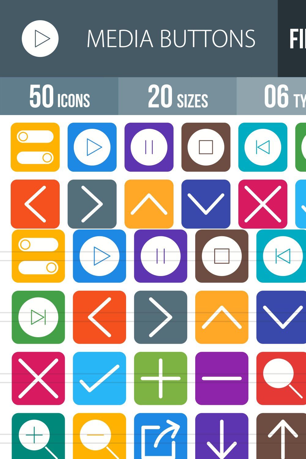 50 Media Buttons Filled Icons pinterest preview image.