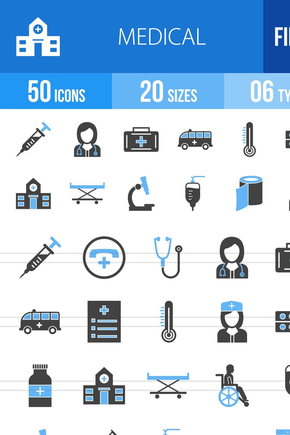 50 Medical Filled Blue & Black Icons pinterest preview image.
