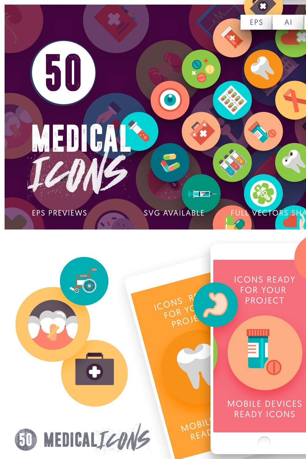 50 Medical Flat Icons pinterest preview image.