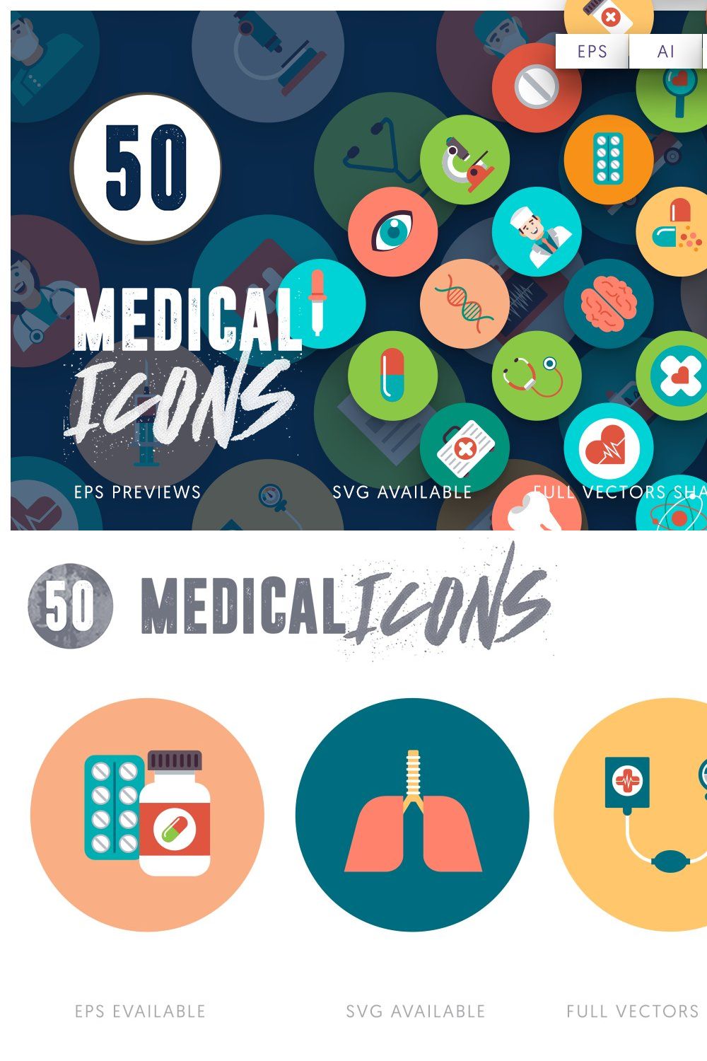 50 Medical Flat Icons pinterest preview image.