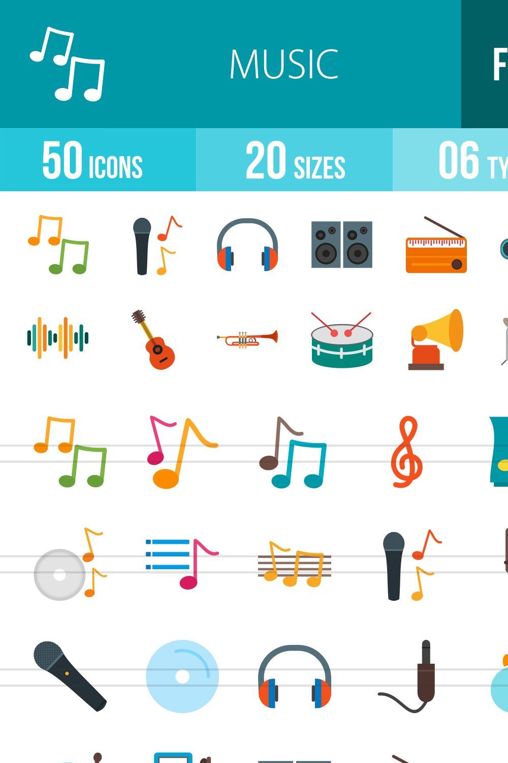 50 Music Flat Colorful Icons pinterest preview image.