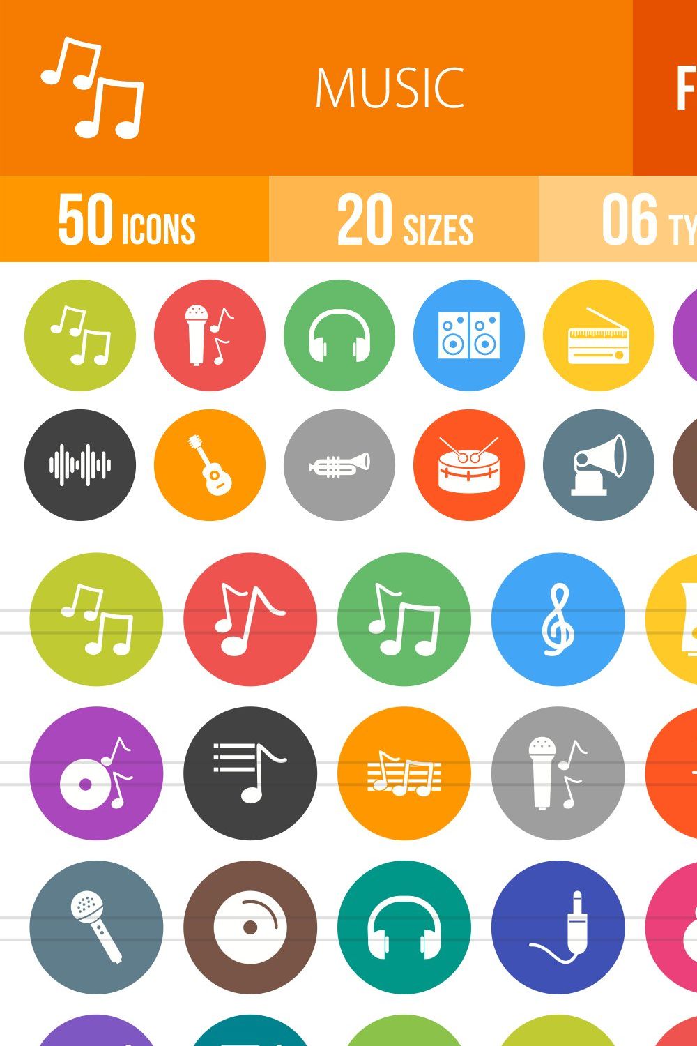 50 Music Flat Round Icons pinterest preview image.