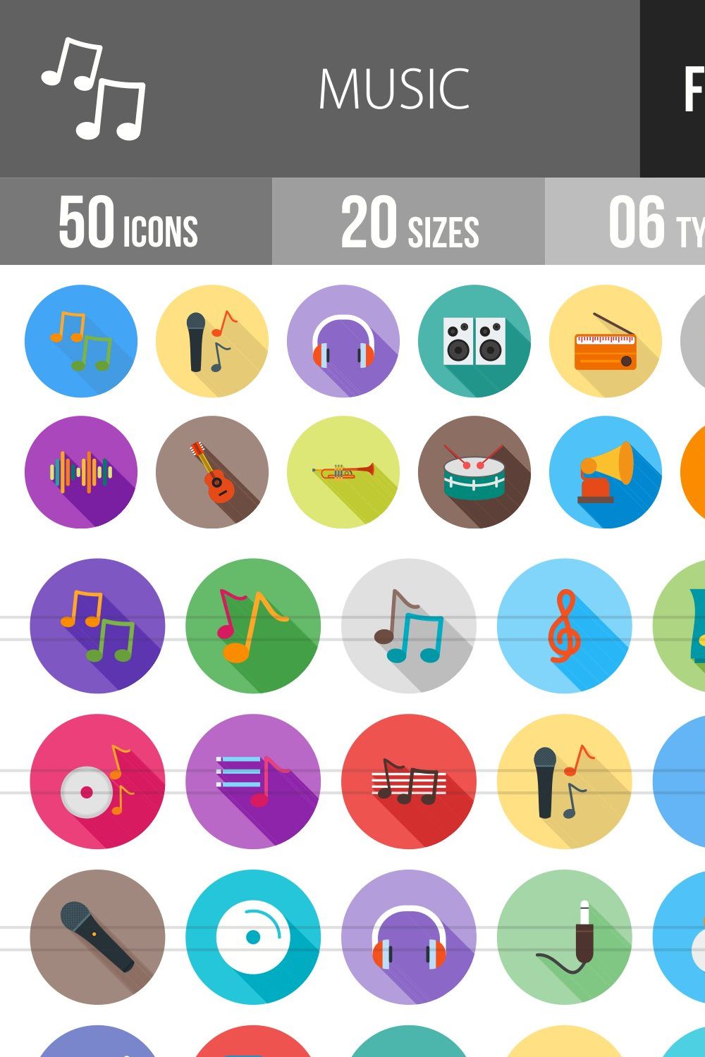 50 Music Flat Shadowed Icons pinterest preview image.