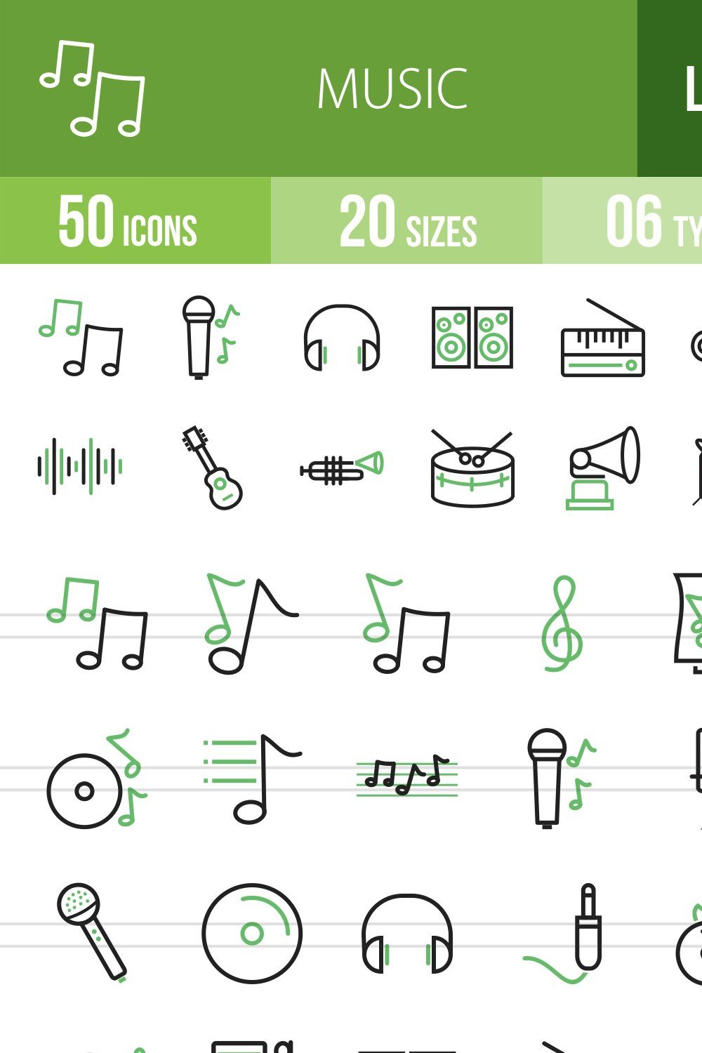 50 Music Line Green & Black Icons pinterest preview image.