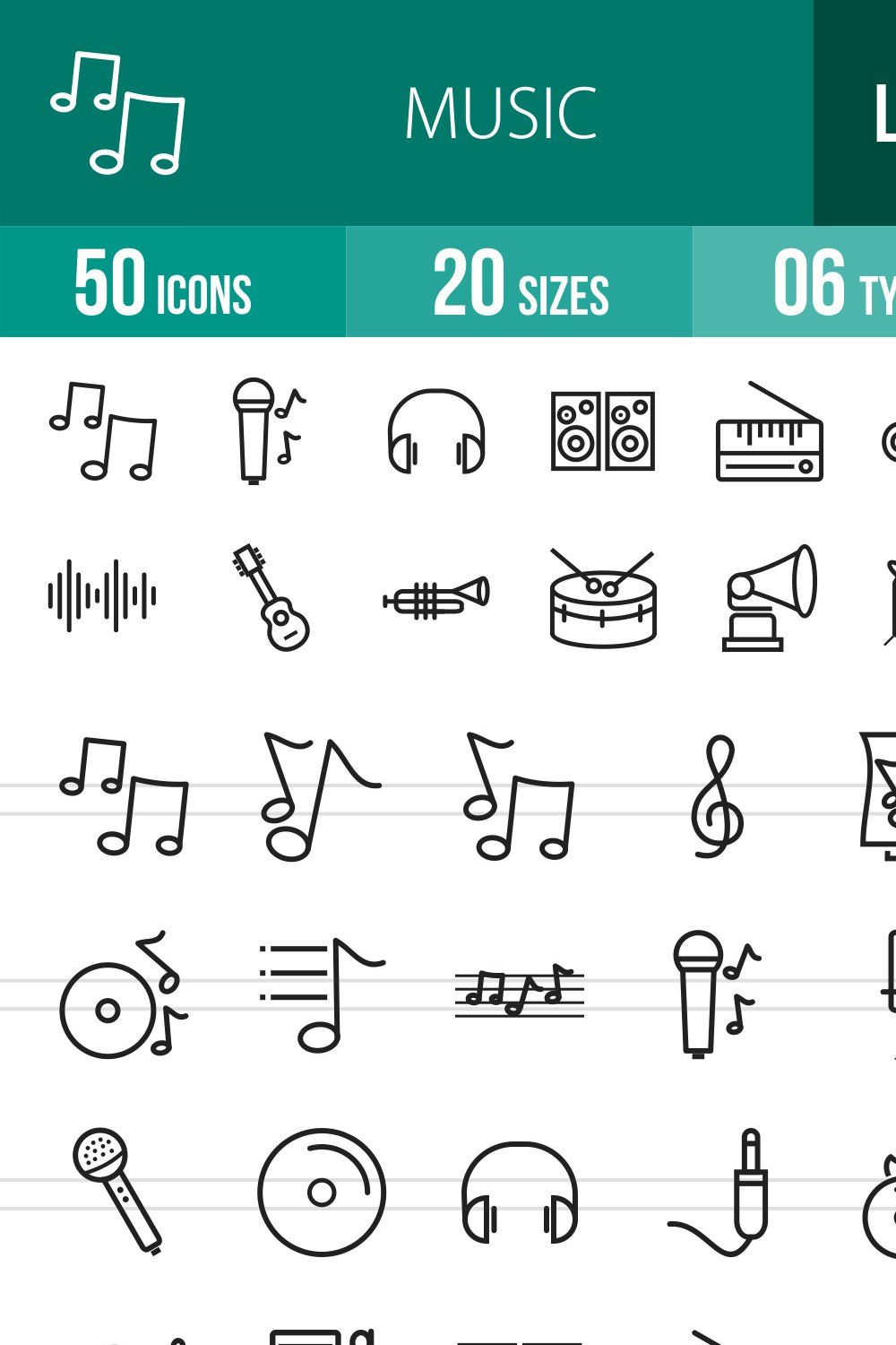 50 Music Line Icons pinterest preview image.