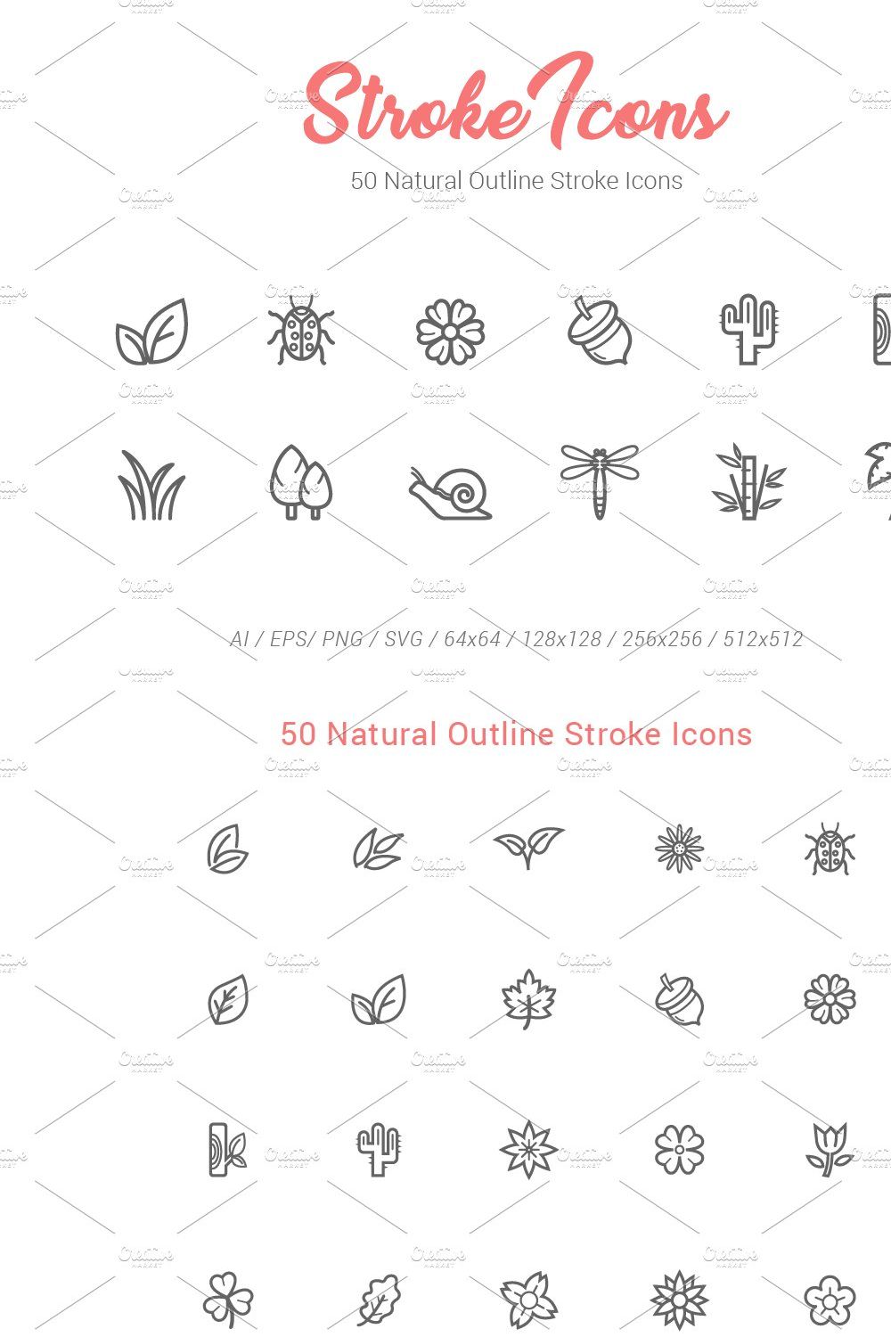 50 Natural&Life Outline Stroke Icons pinterest preview image.
