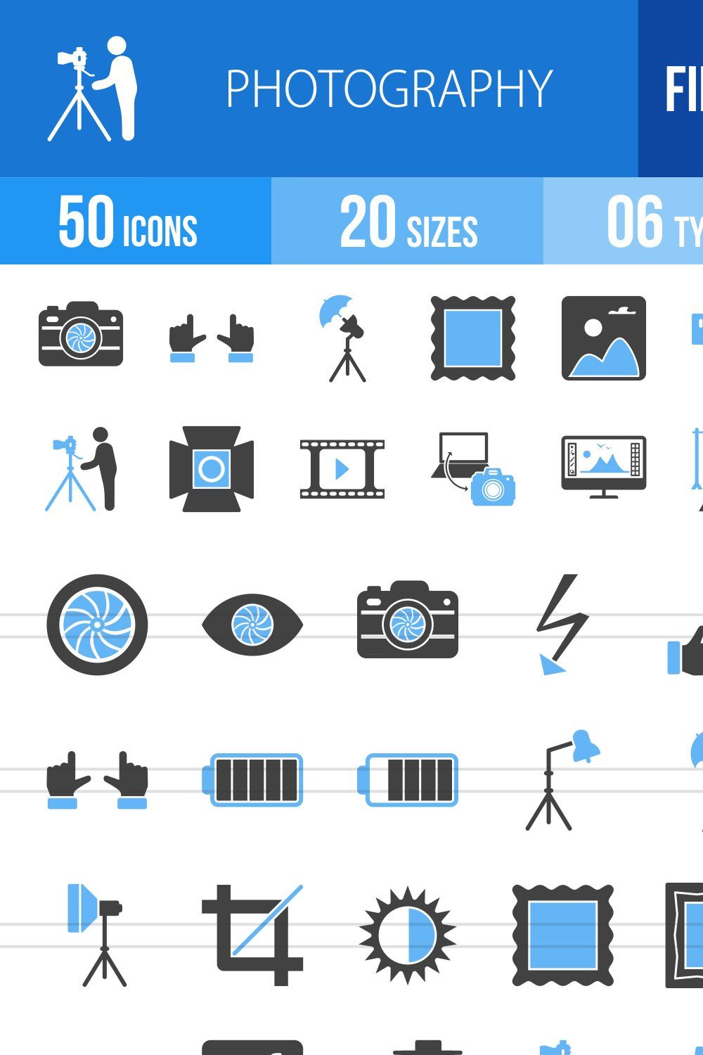 50 Photography Blue & Black Icons pinterest preview image.