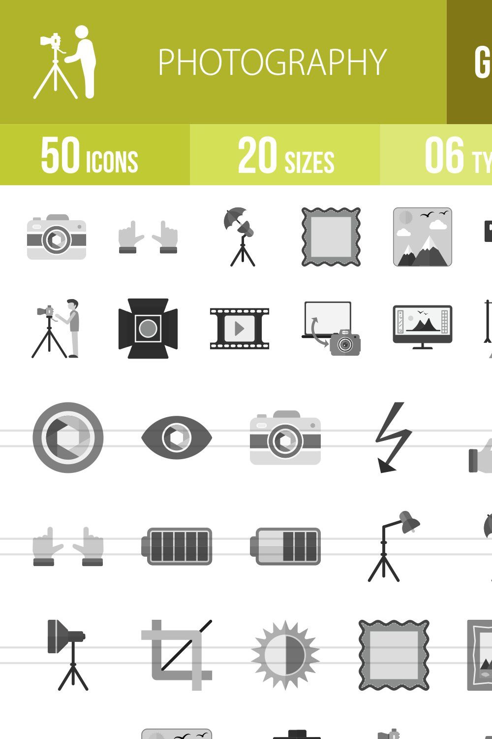 50 Photography Greyscale Icons pinterest preview image.