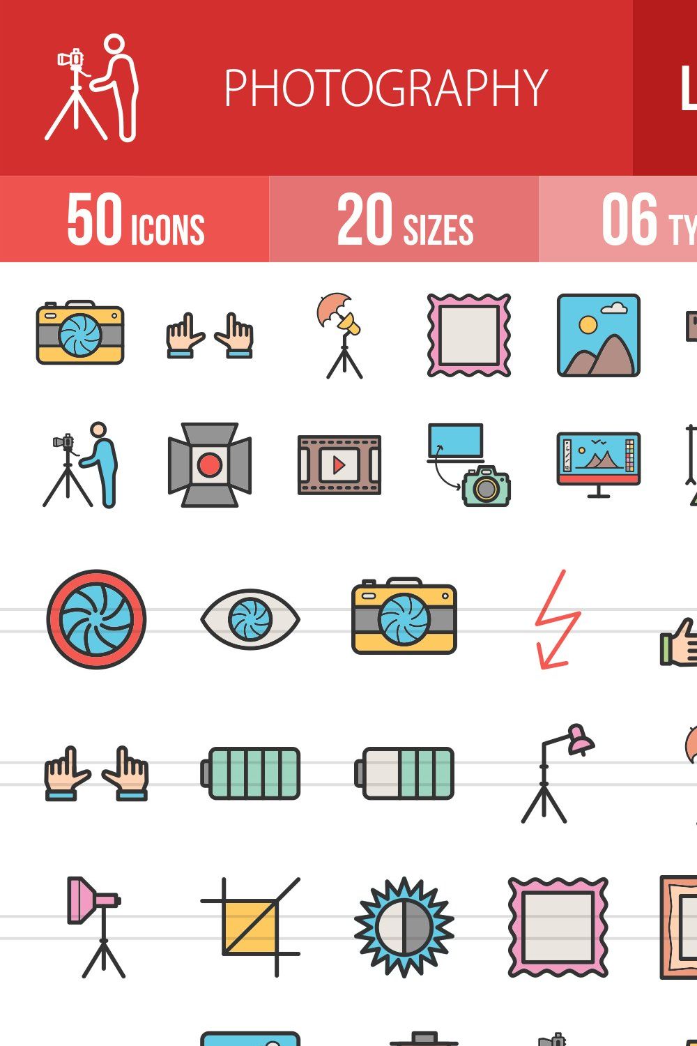 50 Photography Line Filled Icons pinterest preview image.