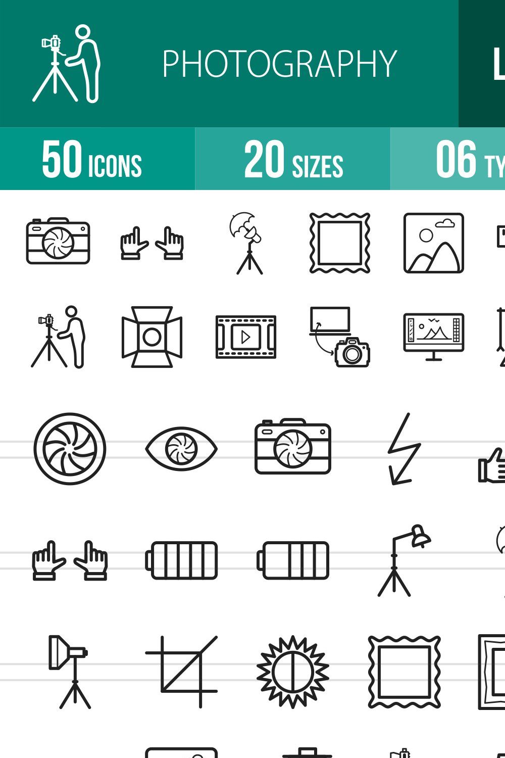 50 Photography Line Icons pinterest preview image.