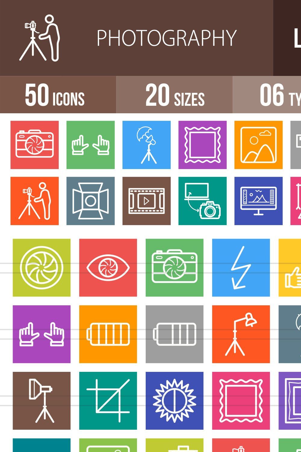 50 Photography Line Multicolor Icons pinterest preview image.