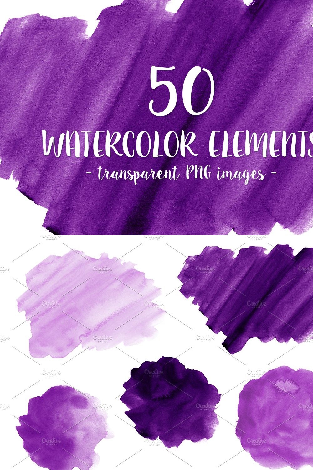 50 Purple Watercolor Shapes pinterest preview image.