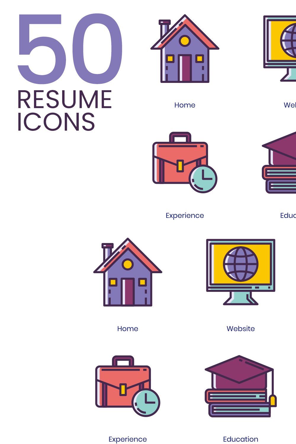 50 Resume Icons | Lilac pinterest preview image.