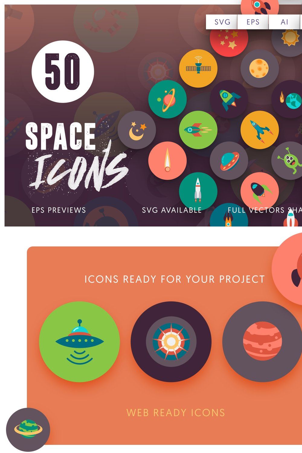 50 Space Icons pinterest preview image.