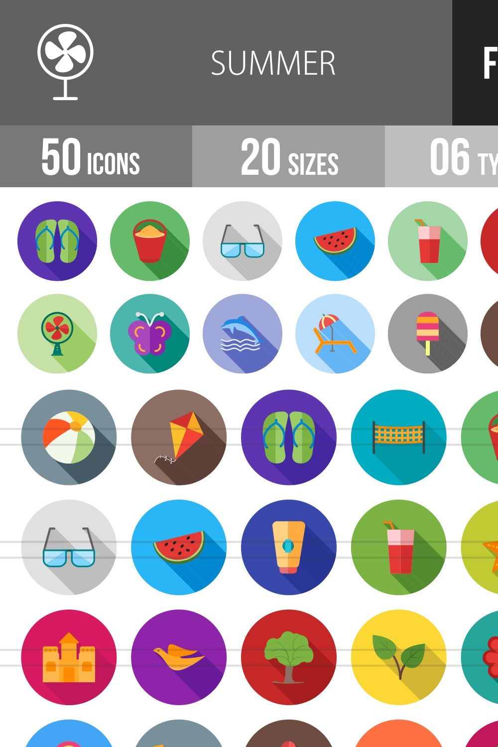 50 Summer Flat Shadowed Icons pinterest preview image.