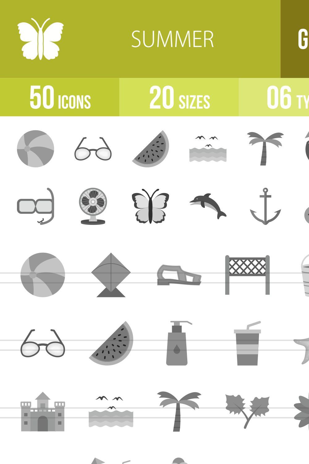 50 Summer Grey Scale Icons pinterest preview image.