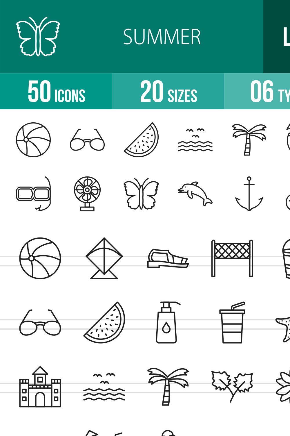 50 Summer Line Icons pinterest preview image.