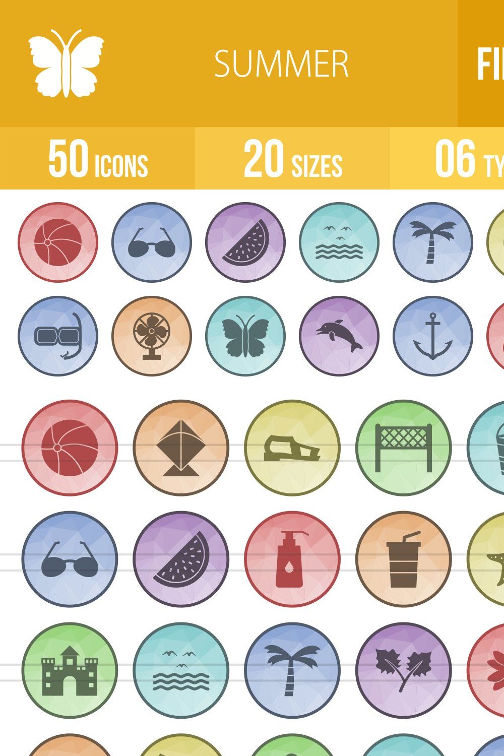 50 Summer Low Poly Icons pinterest preview image.