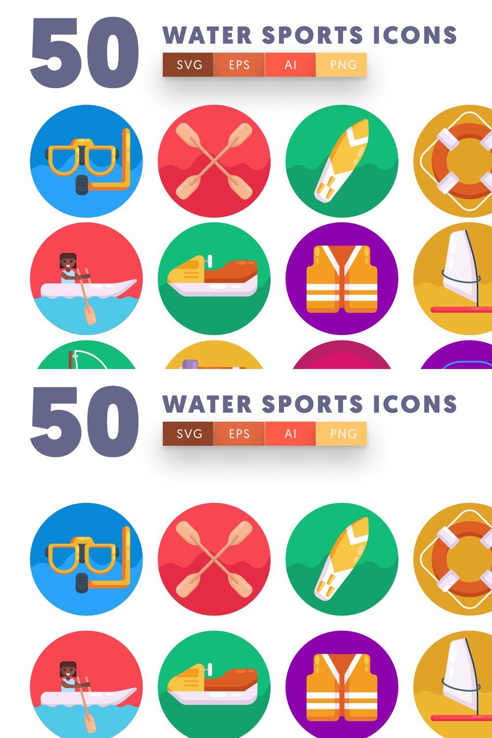 50 Water Sports Icons pinterest preview image.