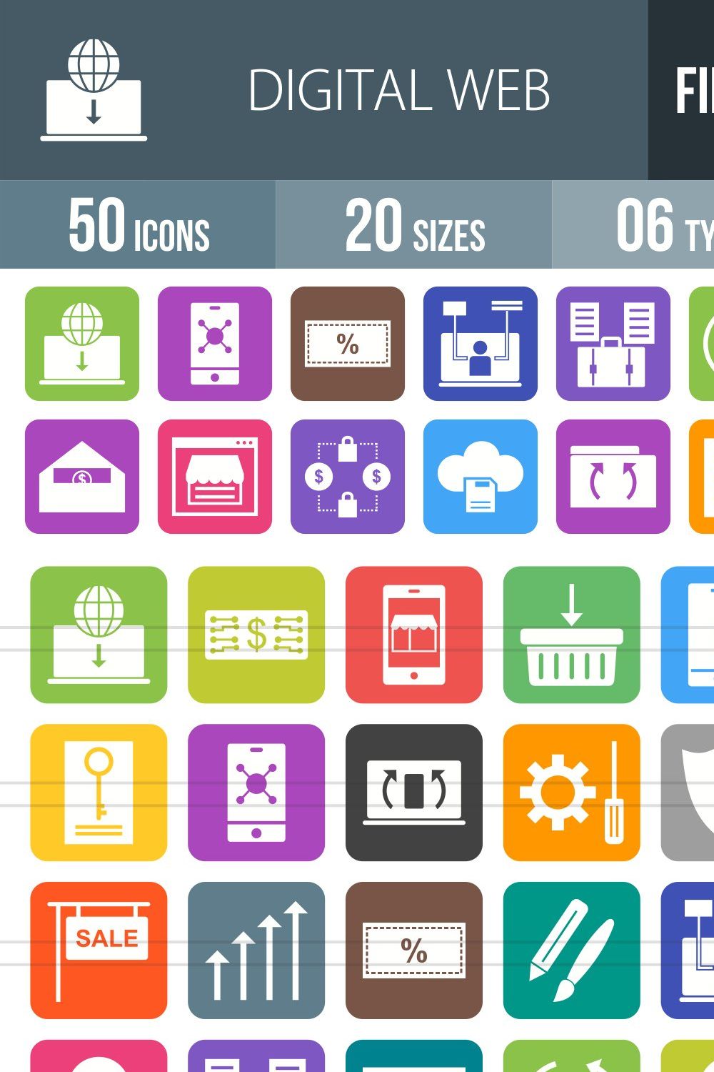 50 Web Flat Round Corner Icons pinterest preview image.
