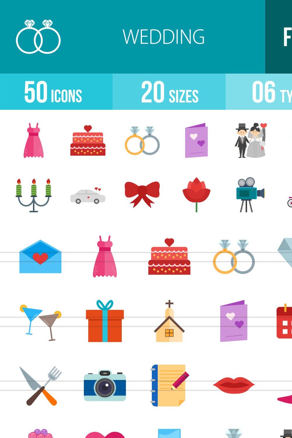 50 Wedding Flat Multicolor Icons pinterest preview image.