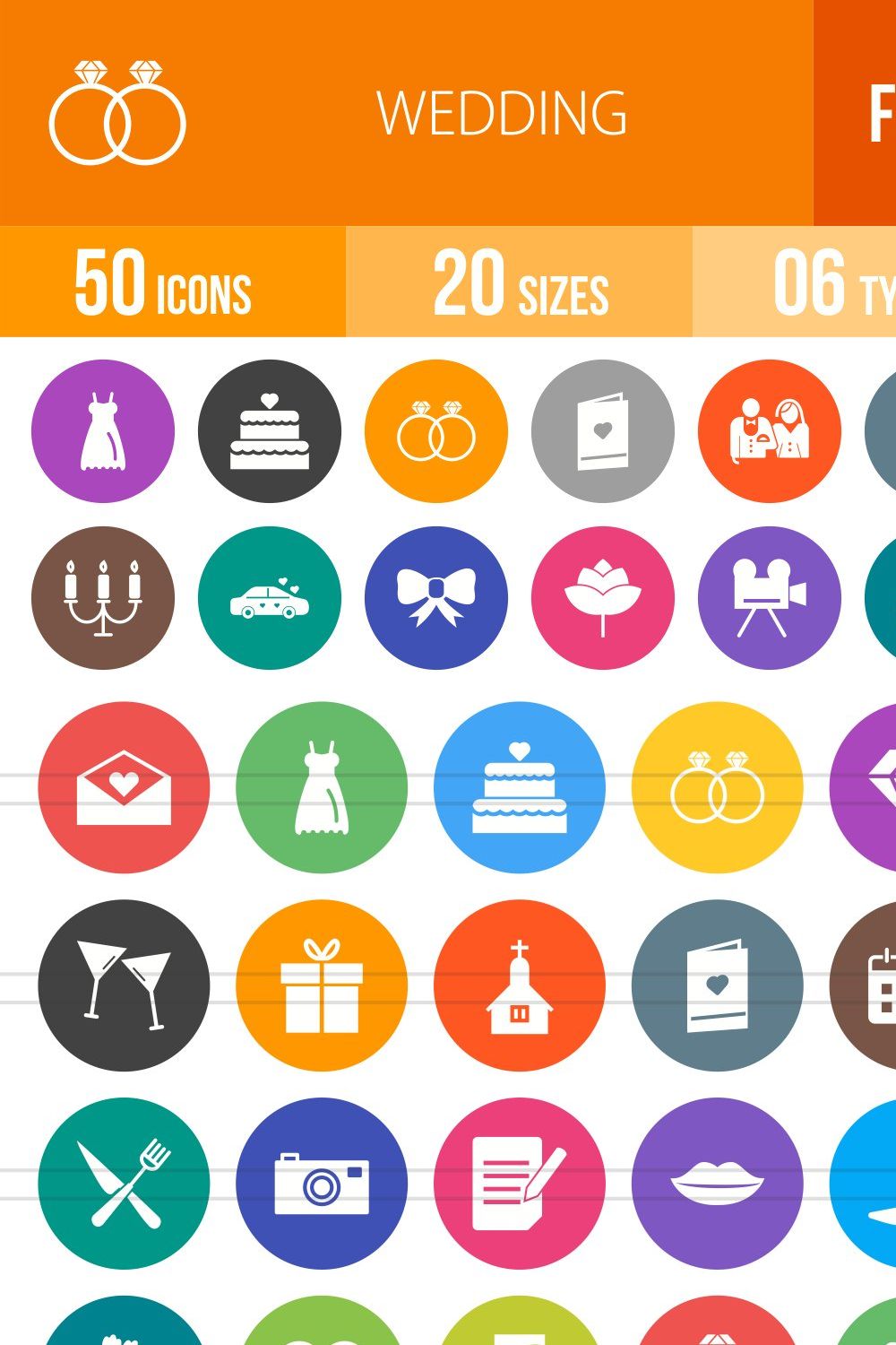 50 Wedding Flat Round Icons pinterest preview image.