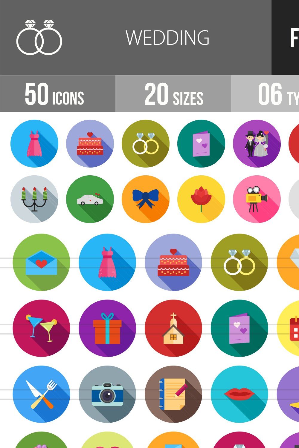 50 Wedding Flat Shadowed Icons pinterest preview image.