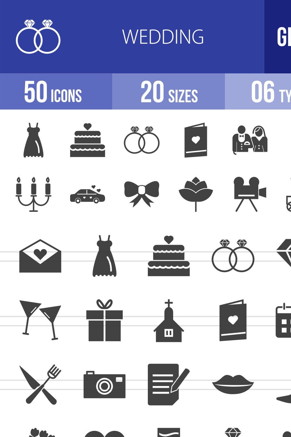 50 Wedding Glyph Icons pinterest preview image.