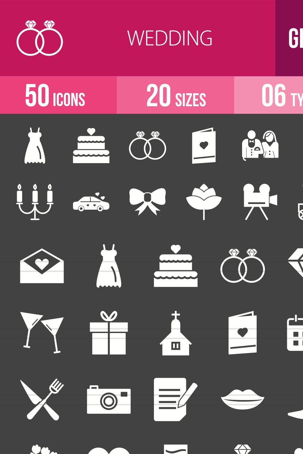 50 Wedding Glyph Inverted Icons pinterest preview image.