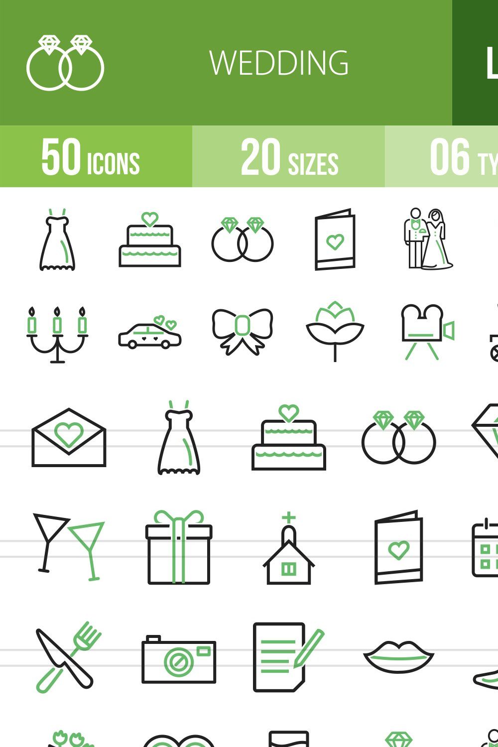 50 Wedding Green & Black Icons pinterest preview image.