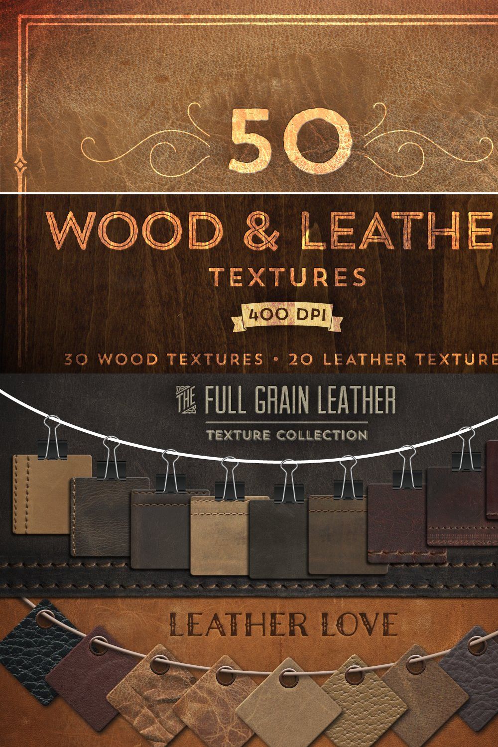50 Wood & Leather Textures pinterest preview image.