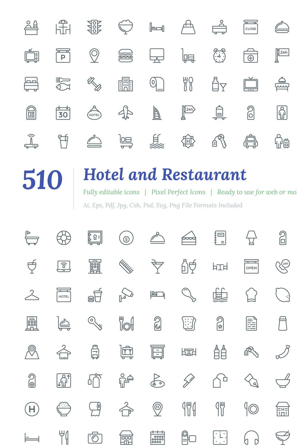 510 Hotel and Restaurant Line Icons pinterest preview image.
