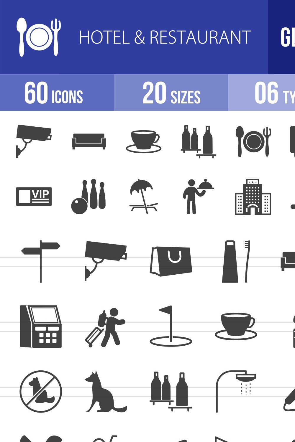 60 Hotel & Restaurant Glyph Icons pinterest preview image.