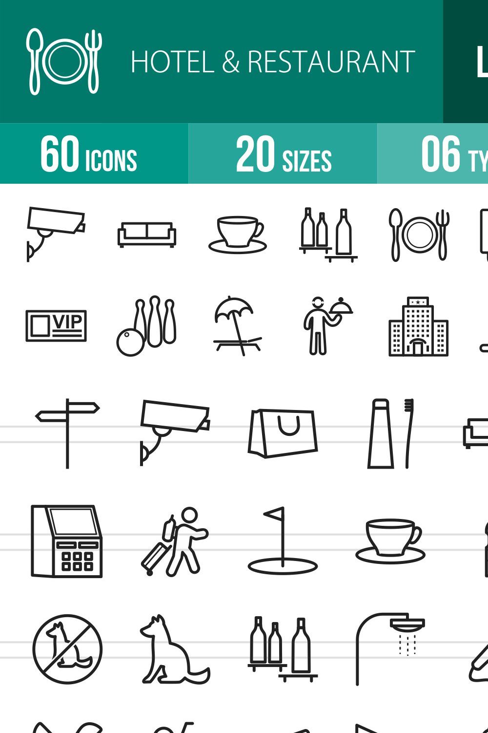 60 Hotel & Restaurant Line Icons pinterest preview image.