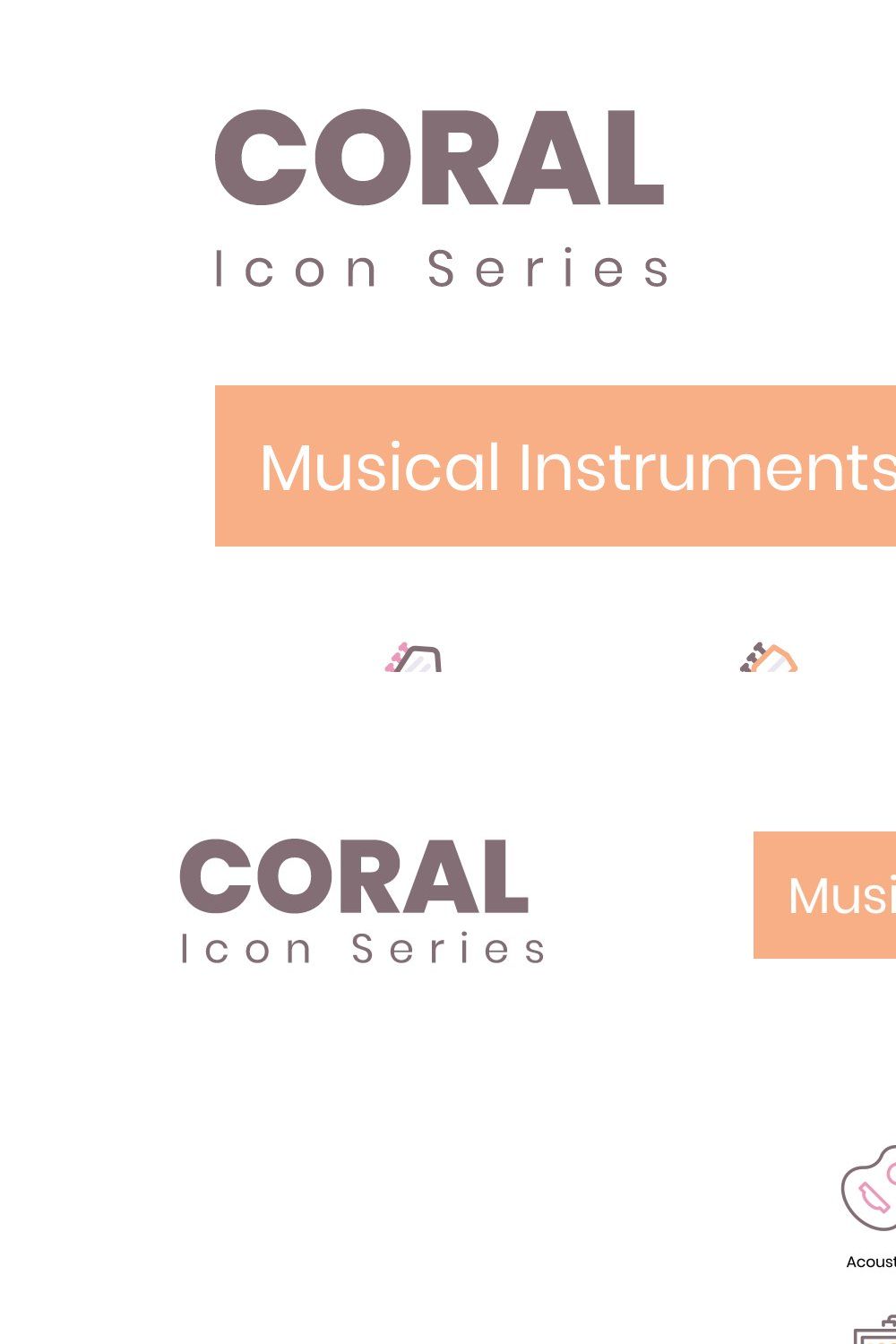 60 Musical Instruments Icons | Coral pinterest preview image.