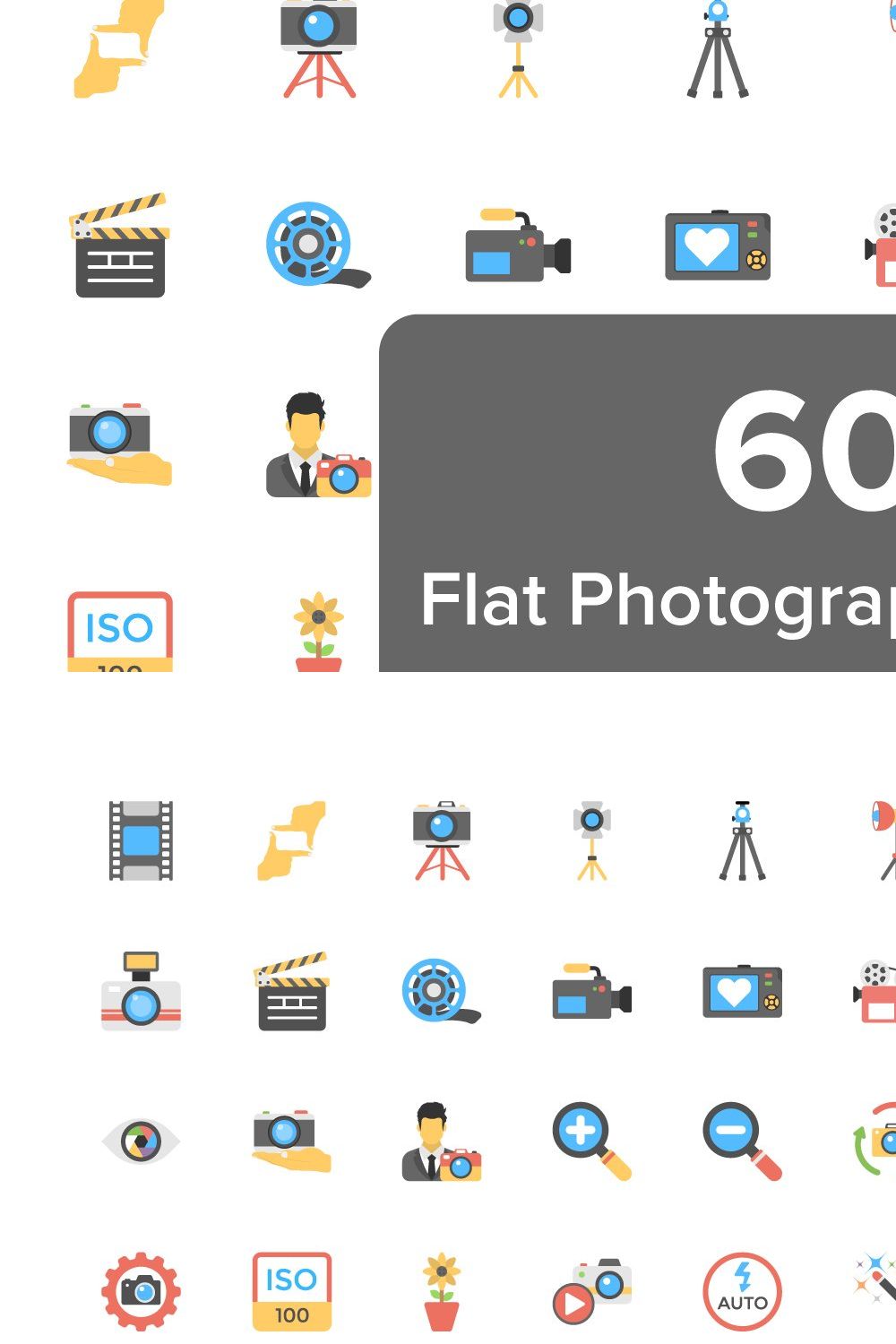 60 Photography Flat Vector Icons pinterest preview image.